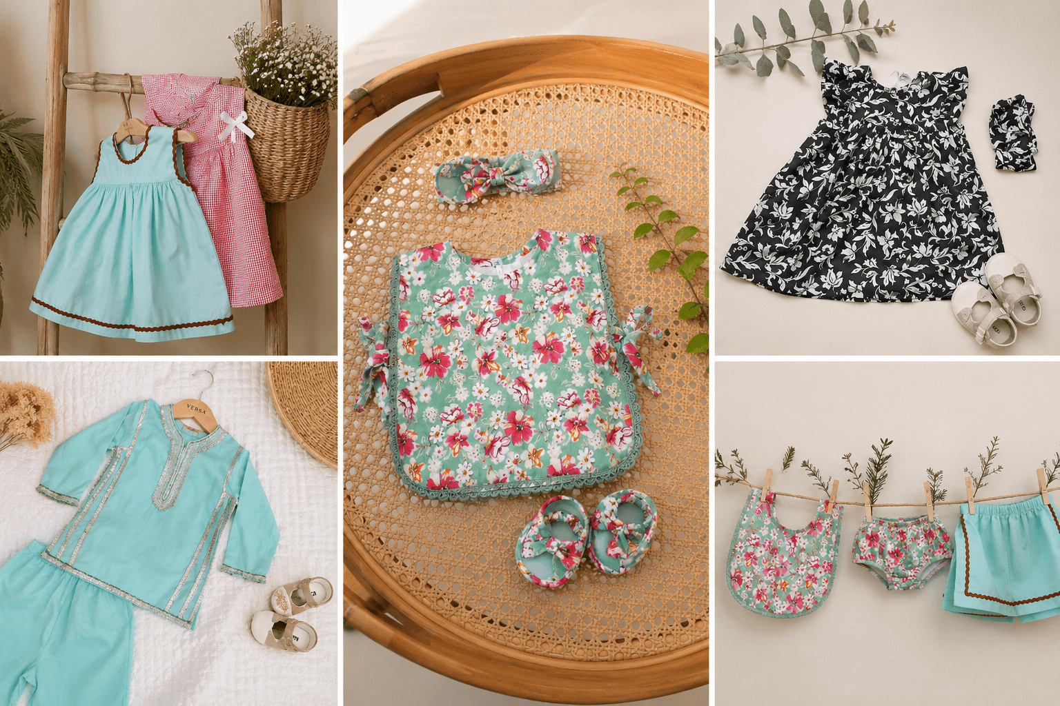 A collage of Versa childrenswear pieces — dresses, a kurta set and matching accessories, styled and laid flat