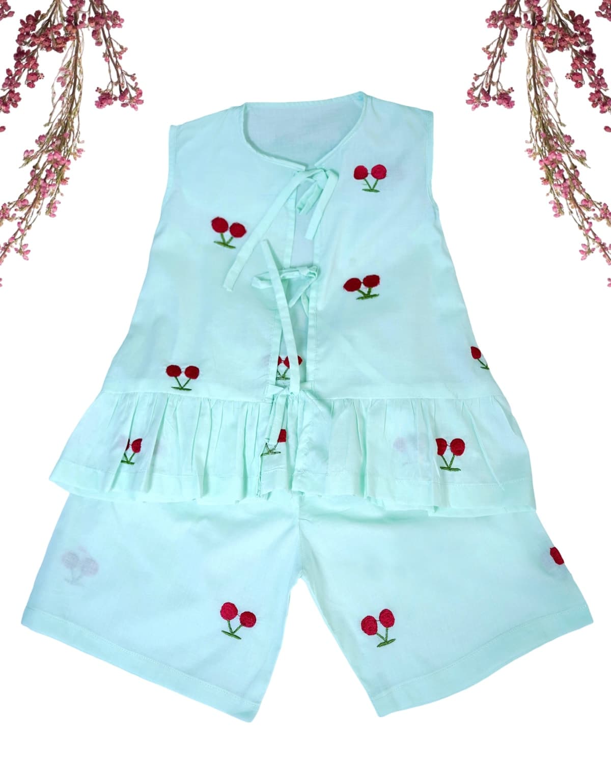 Gilas Cherry Top & Shorts, laid flat